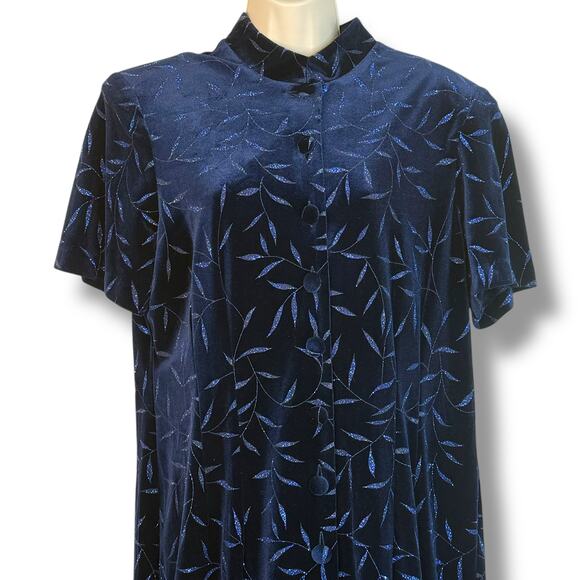 Another Thyme Blue Velvet Maxi Dress Glitter Leaf Pattern Vintage 18 Large 8 -10 - Picture 2 of 12